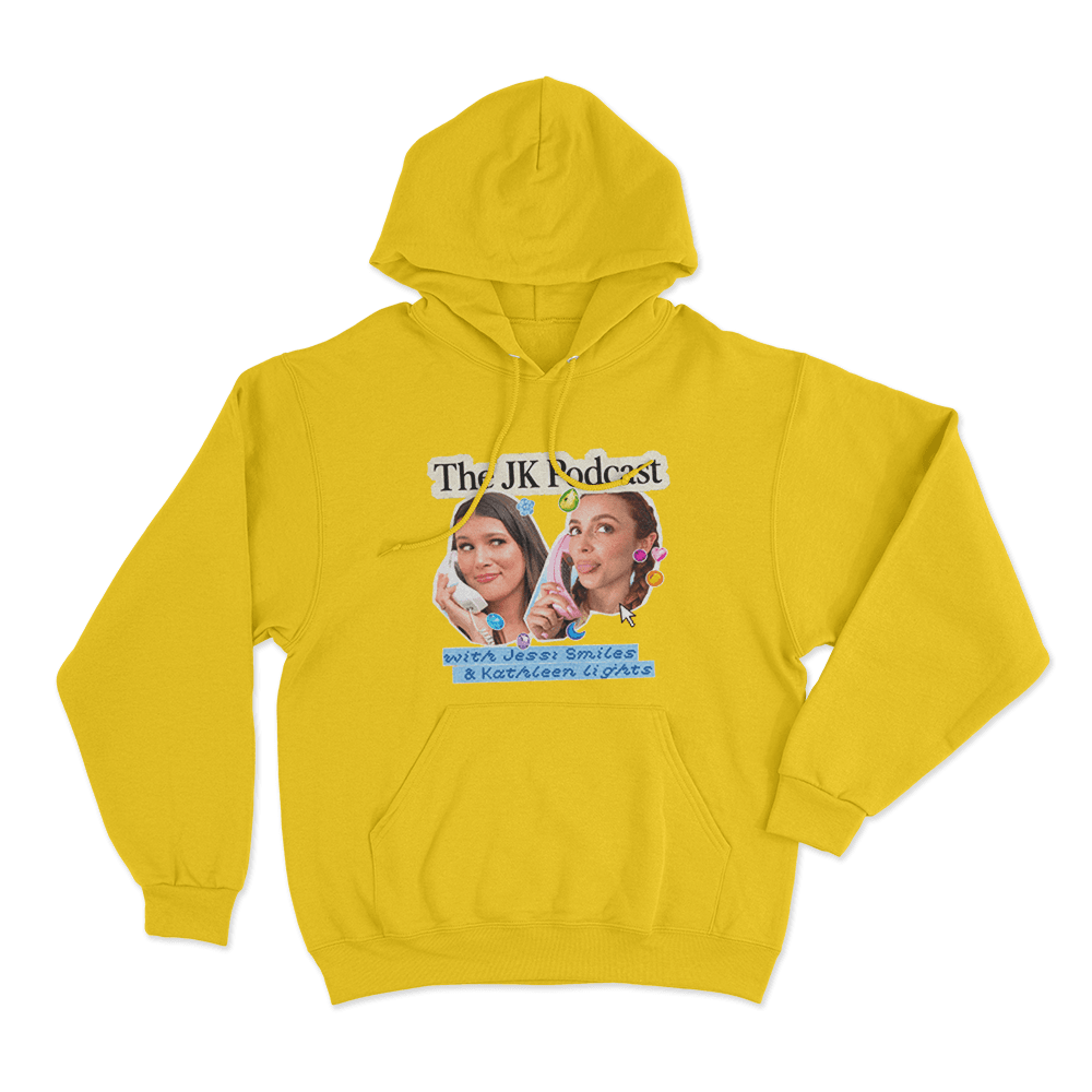 The JK Podcast Retro Phone Collage Unisex Hoodie Yellow The JK Podcast Retro Phone Collage Unisex Hoodie Yellow